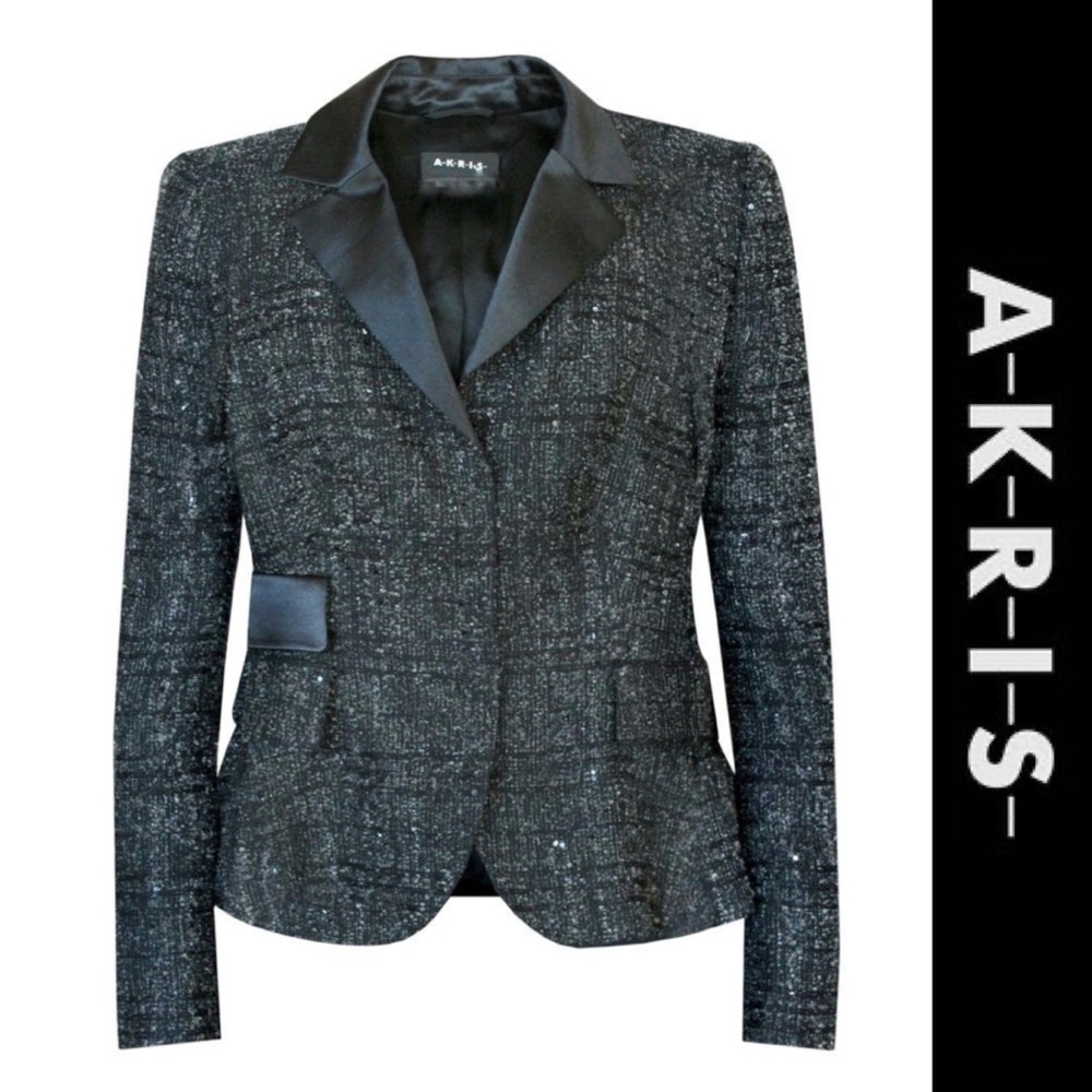 AKRIS Wool Silk Sequin Satin Tweed Blazer Jacket